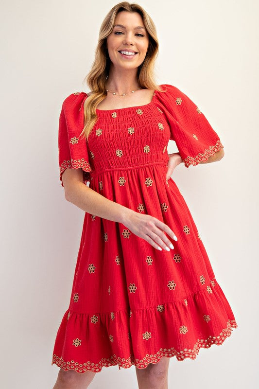 Embroidered Gauze Dress-Dress-Easel-Boho Red-Small-Inspired Wings Fashion