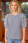 Scallop Sleeve Stripe Top-Shirts & Tops-VOY-Navy-Small-Inspired Wings Fashion