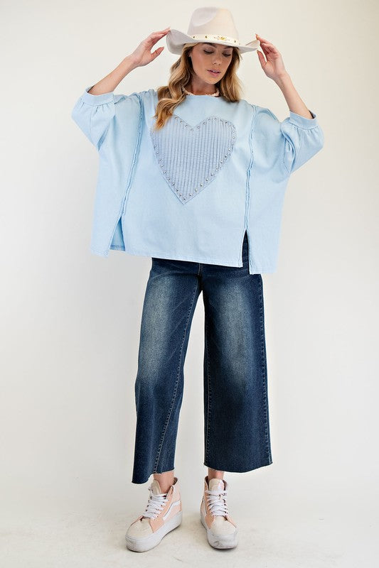 Stud Heart Patch Top-Shirts & Tops-Easel-Sky-Small-Inspired Wings Fashion