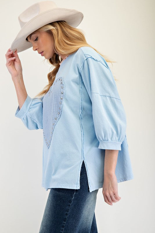 Stud Heart Patch Top-Shirts & Tops-Easel-Sky-Small-Inspired Wings Fashion