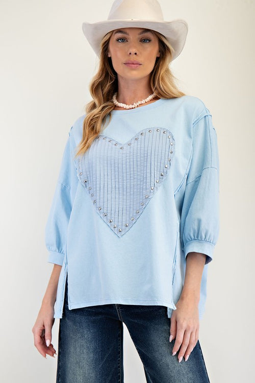 Stud Heart Patch Top-Shirts & Tops-Easel-Sky-Small-Inspired Wings Fashion
