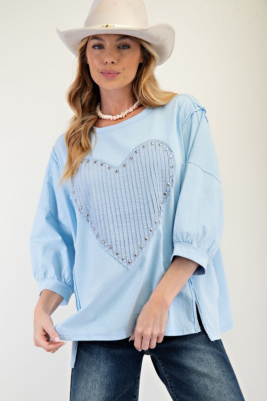 Stud Heart Patch Top-Shirts & Tops-Easel-Sky-Small-Inspired Wings Fashion