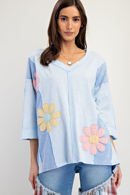 Flower Patch Mineral Wash Top-Shirts & Tops-Easel-Sky Blue-Small-Inspired Wings Fashion