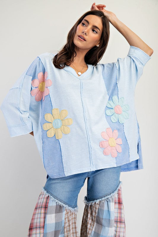 Flower Patch Mineral Wash Top-Shirts & Tops-Easel-Sky Blue-Small-Inspired Wings Fashion