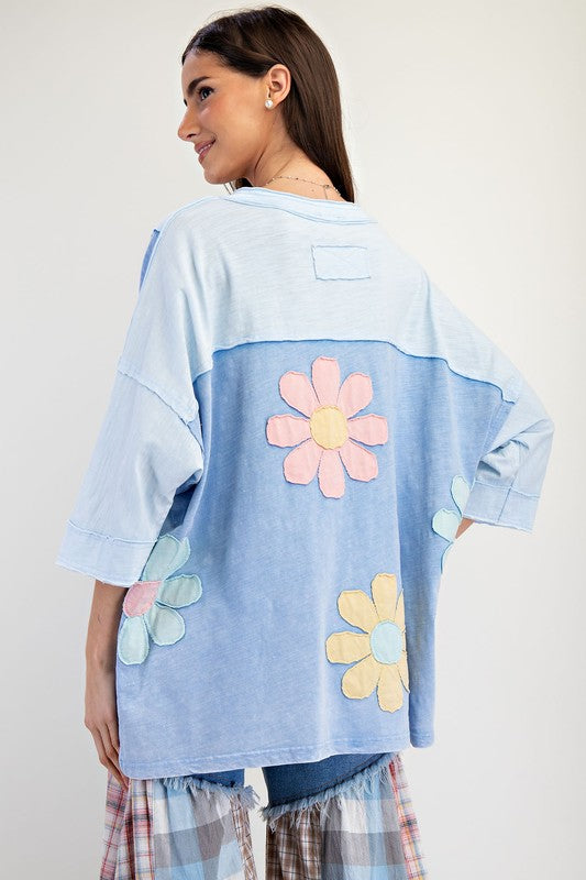 Flower Patch Mineral Wash Top-Shirts & Tops-Easel-Sky Blue-Small-Inspired Wings Fashion