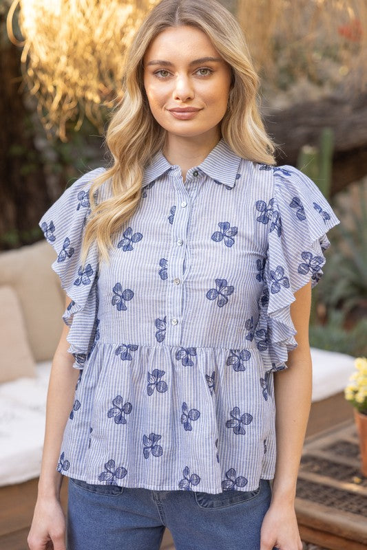Flowers and Stripes Peplum Top-Shirts & Tops-VOY-Blue-Small-Inspired Wings Fashion