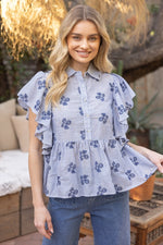 Flowers and Stripes Peplum Top-Shirts & Tops-VOY-Blue-Small-Inspired Wings Fashion