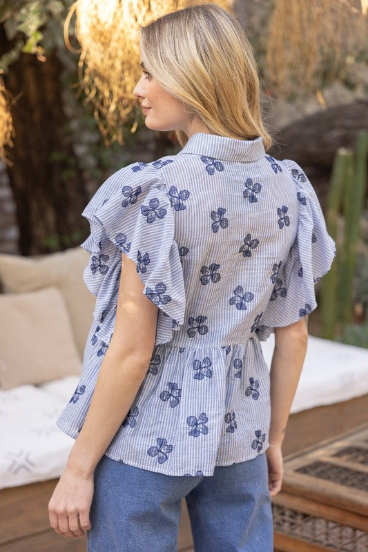 Flowers and Stripes Peplum Top-Shirts & Tops-VOY-Blue-Small-Inspired Wings Fashion