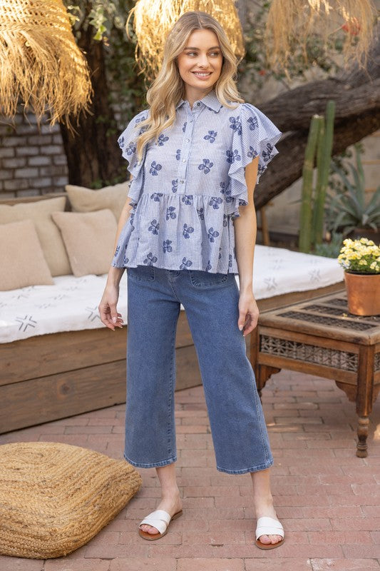 Flowers and Stripes Peplum Top-Shirts & Tops-VOY-Blue-Small-Inspired Wings Fashion
