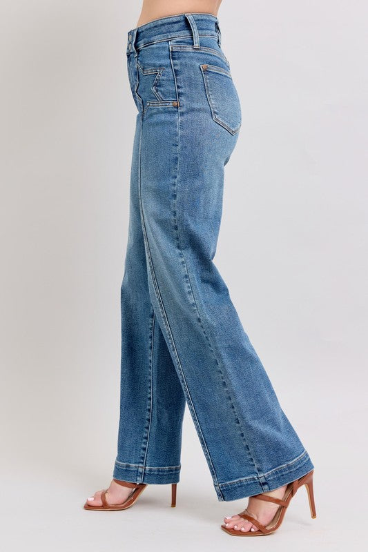 HW Front Star Wide Leg Jeans-Jeans-Judy Blue-Denim-0(24)-Inspired Wings Fashion