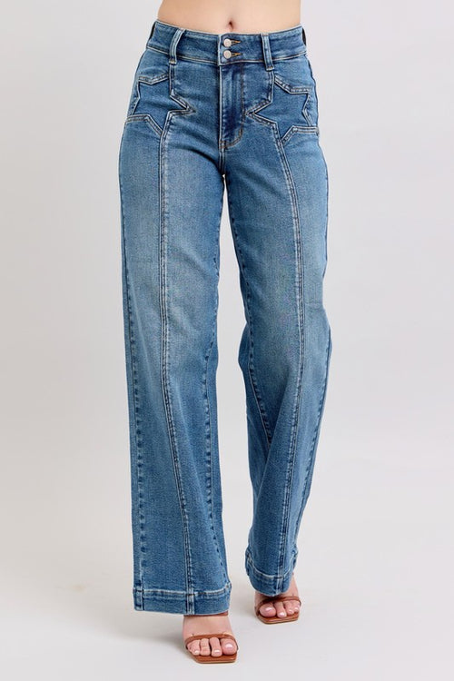 HW Front Star Wide Leg Jeans-Jeans-Judy Blue-Denim-0(24)-Inspired Wings Fashion