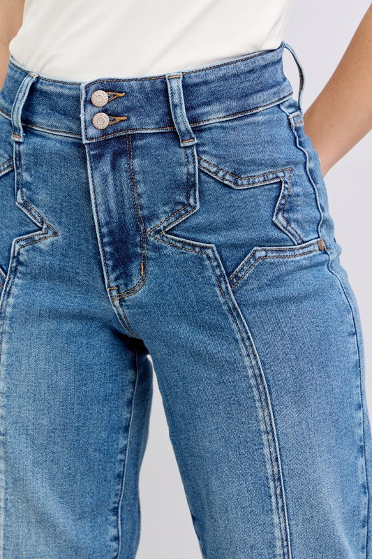 HW Front Star Wide Leg Jeans-Jeans-Judy Blue-Denim-0(24)-Inspired Wings Fashion
