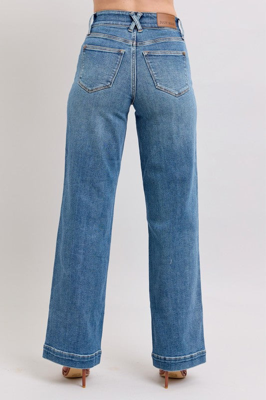 HW Front Star Wide Leg Jeans-Jeans-Judy Blue-Denim-0(24)-Inspired Wings Fashion