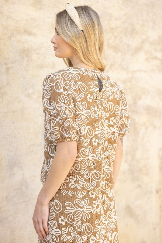 Floral Embroidered Woven Top-Shirts & Tops-VOY-Brown-Small-Inspired Wings Fashion