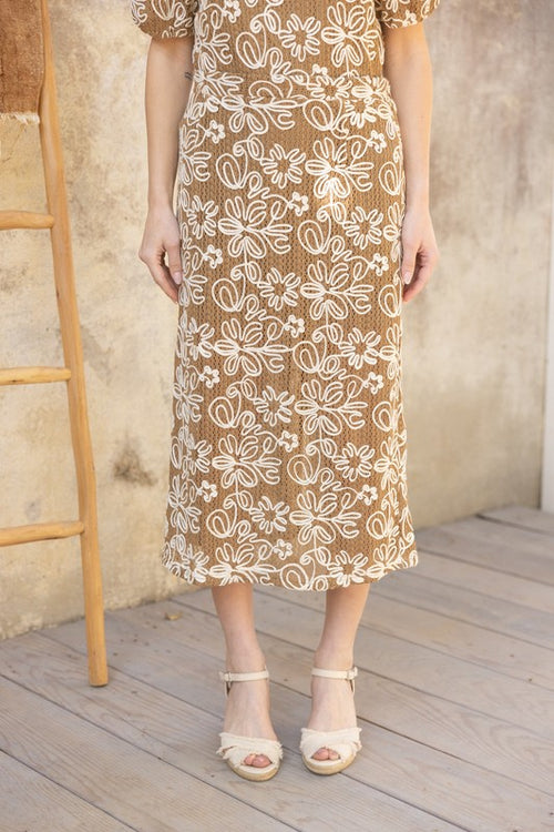 Floral Embroidered Midi Skirt-Skirt-VOY-Brown-Small-Inspired Wings Fashion