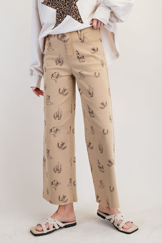 Western Print Twill Pants-Pants-Easel-Khaki-Small-Inspired Wings Fashion
