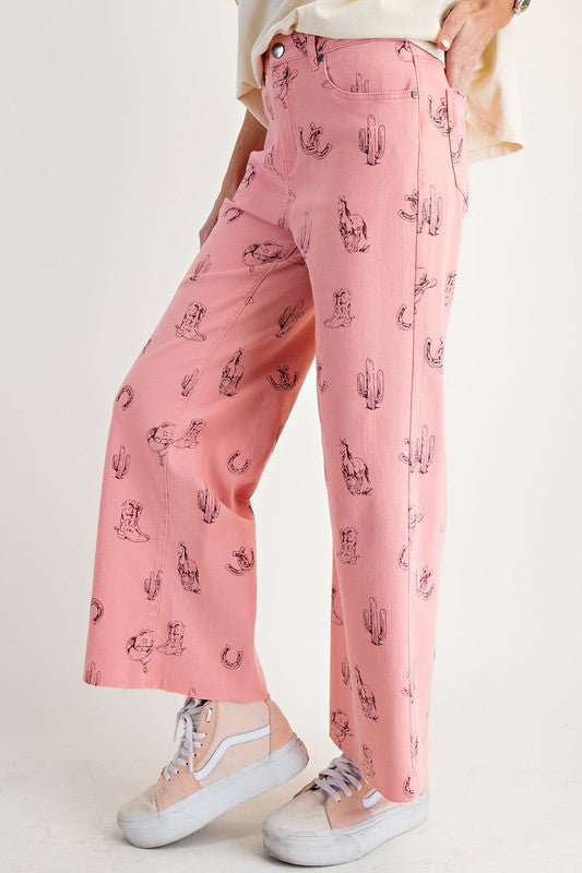 Western Print Twill Pants-Pants-Easel-Khaki-Small-Inspired Wings Fashion