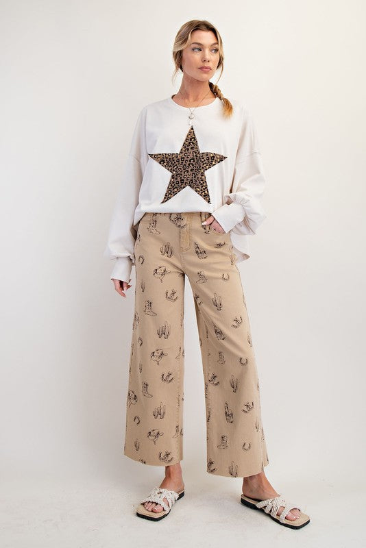 Western Print Twill Pants-Pants-Easel-Khaki-Small-Inspired Wings Fashion