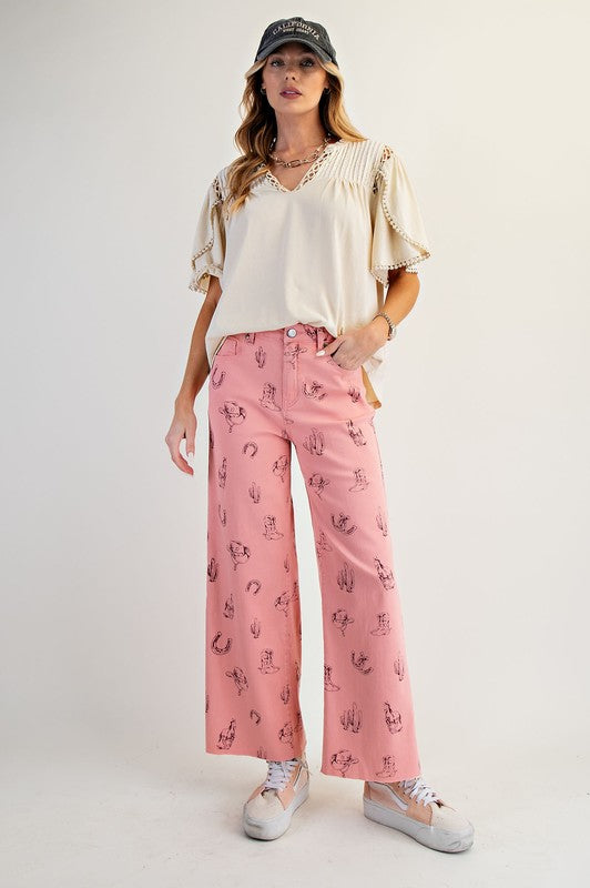 Western Print Twill Pants-Pants-Easel-Khaki-Small-Inspired Wings Fashion