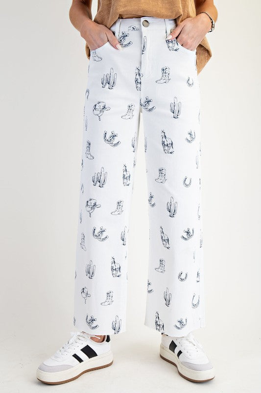 Western Print Twill Pants-Pants-Easel-White-Small-Inspired Wings Fashion