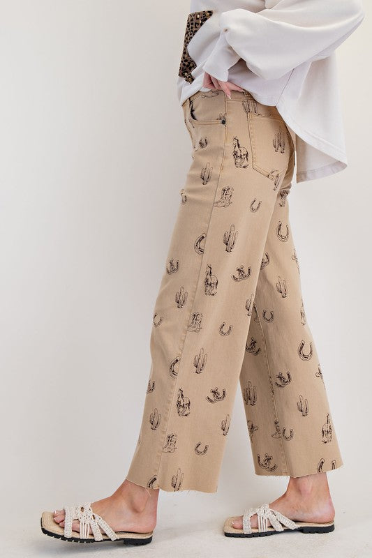 Western Print Twill Pants-Pants-Easel-Khaki-Small-Inspired Wings Fashion