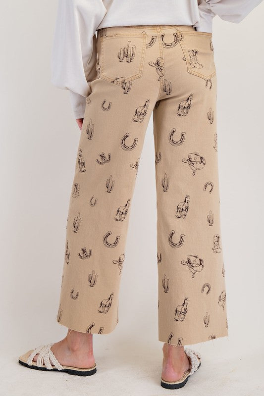 Western Print Twill Pants-Pants-Easel-Khaki-Small-Inspired Wings Fashion