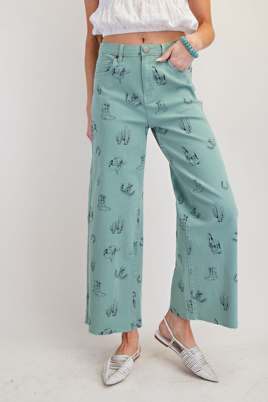 Western Print Twill Pants-Pants-Easel-Sage Blue-Small-Inspired Wings Fashion