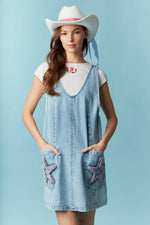 Star Patch Denim Mini Dress-Dress-Peach Love California-LT Denim-Small-Inspired Wings Fashion