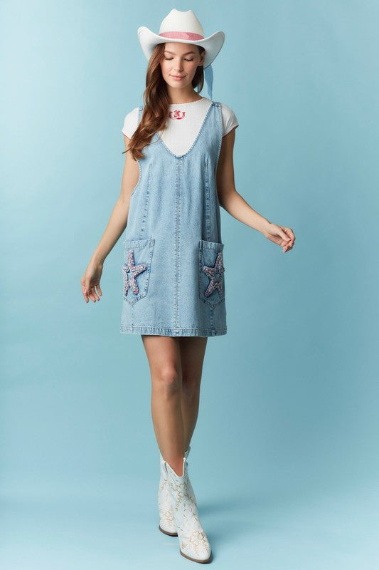 Star Patch Denim Mini Dress-Dress-Peach Love California-LT Denim-Small-Inspired Wings Fashion