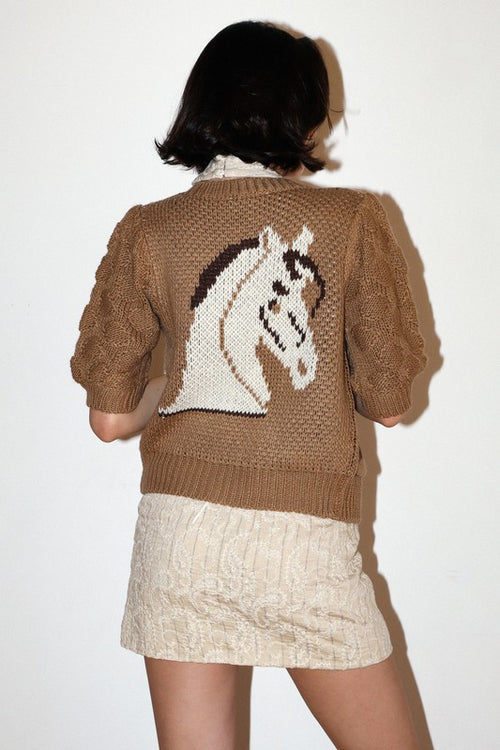 Puff Sleeve Horse Cardigan-Cardigans-Bailey Rose-Tan-XS-Inspired Wings Fashion