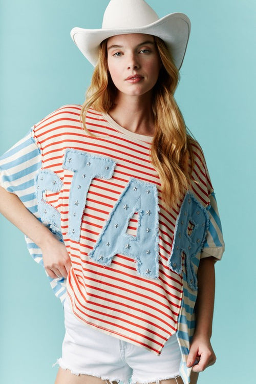 Star Patch Stripe Top-Shirts & Tops-Fantastic Fawn-Red/Blue Multi-Small-Inspired Wings Fashion
