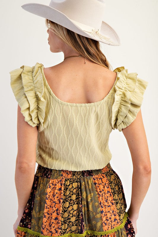 Ruffle Textured Knit Top-Shirts & Tops-Easel-Green Tea-Small-Inspired Wings Fashion