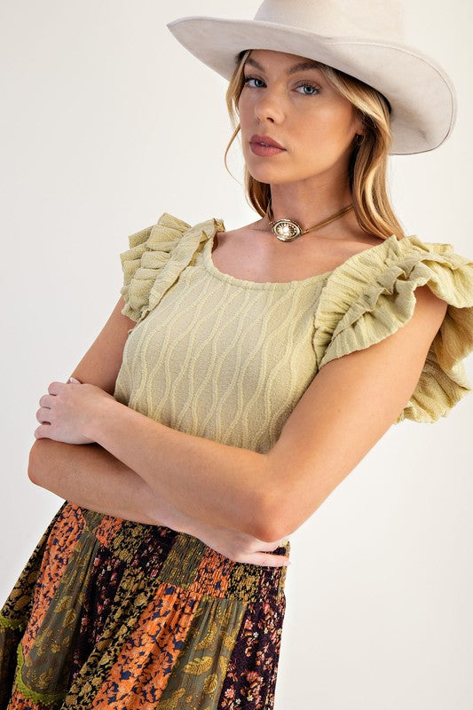 Ruffle Textured Knit Top-Shirts & Tops-Easel-Green Tea-Small-Inspired Wings Fashion