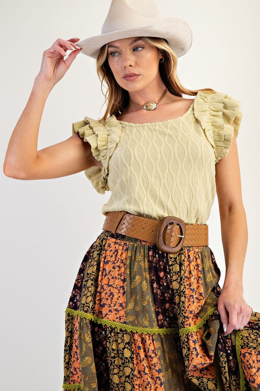 Ruffle Textured Knit Top-Shirts & Tops-Easel-Green Tea-Small-Inspired Wings Fashion