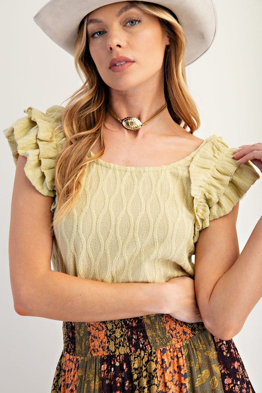 Ruffle Textured Knit Top-Shirts & Tops-Easel-Green Tea-Small-Inspired Wings Fashion