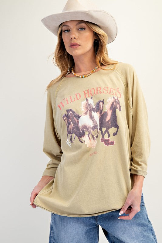 Wild Horses Print Top-Shirts & Tops-Easel-Faded Sage-Small-Inspired Wings Fashion