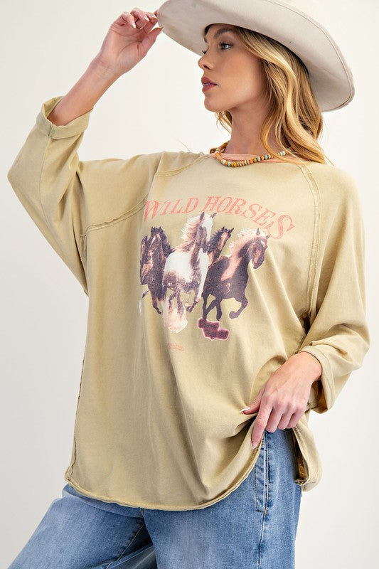 Wild Horses Print Top-Shirts & Tops-Easel-Faded Sage-Small-Inspired Wings Fashion
