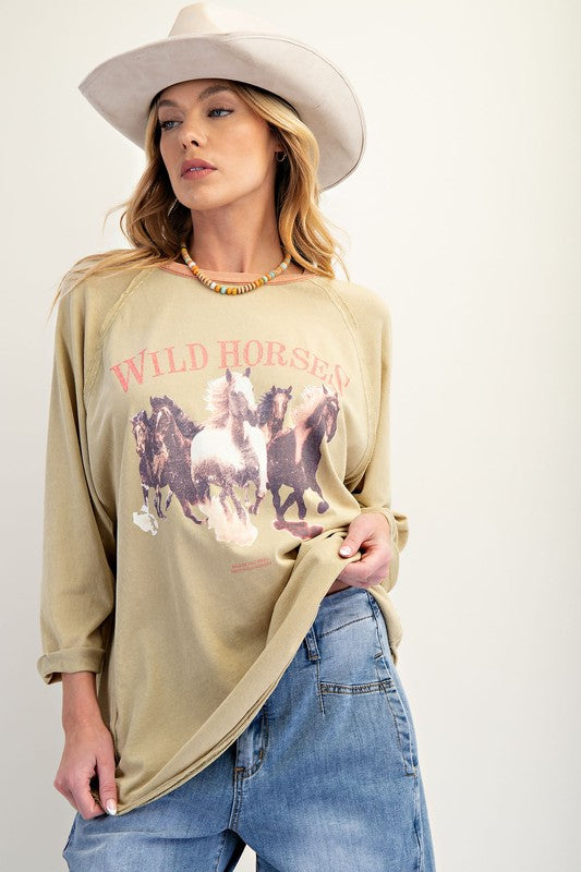 Wild Horses Print Top-Shirts & Tops-Easel-Faded Sage-Small-Inspired Wings Fashion