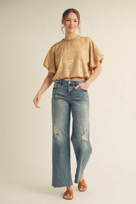 Puff Sleeve Metallic Crop Top-Shirts & Tops-Jodifl-Taupe-Small-Inspired Wings Fashion