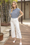Striped Button Sleeve Top-Shirts & Tops-VOY-Navy-Small-Inspired Wings Fashion