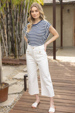 Striped Button Sleeve Top-Shirts & Tops-VOY-Navy-Small-Inspired Wings Fashion