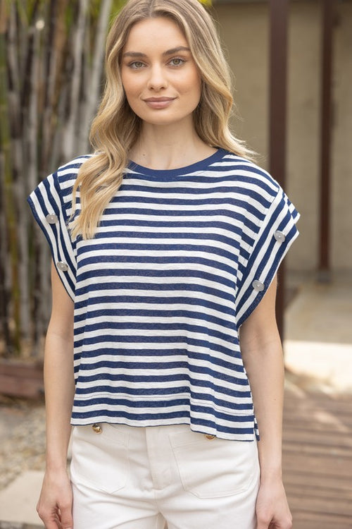 Striped Button Sleeve Top-Shirts & Tops-VOY-Navy-Small-Inspired Wings Fashion