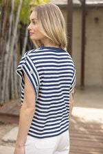 Striped Button Sleeve Top-Shirts & Tops-VOY-Navy-Small-Inspired Wings Fashion