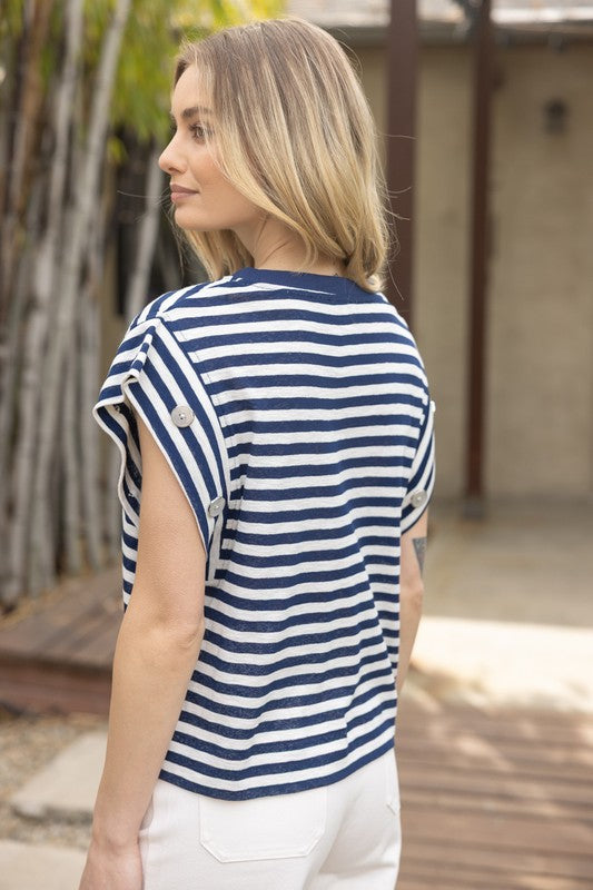 Striped Button Sleeve Top-Shirts & Tops-VOY-Navy-Small-Inspired Wings Fashion