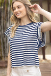 Striped Button Sleeve Top-Shirts & Tops-VOY-Navy-Small-Inspired Wings Fashion