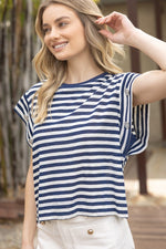 Striped Button Sleeve Top-Shirts & Tops-VOY-Navy-Small-Inspired Wings Fashion