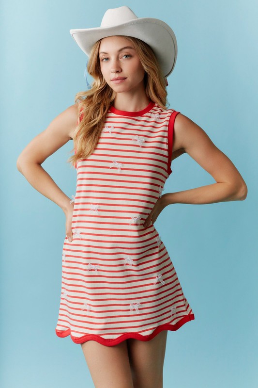 Lace Bow Stripe Mini Dress-Dress-Peach Love California-Red-Small-Inspired Wings Fashion