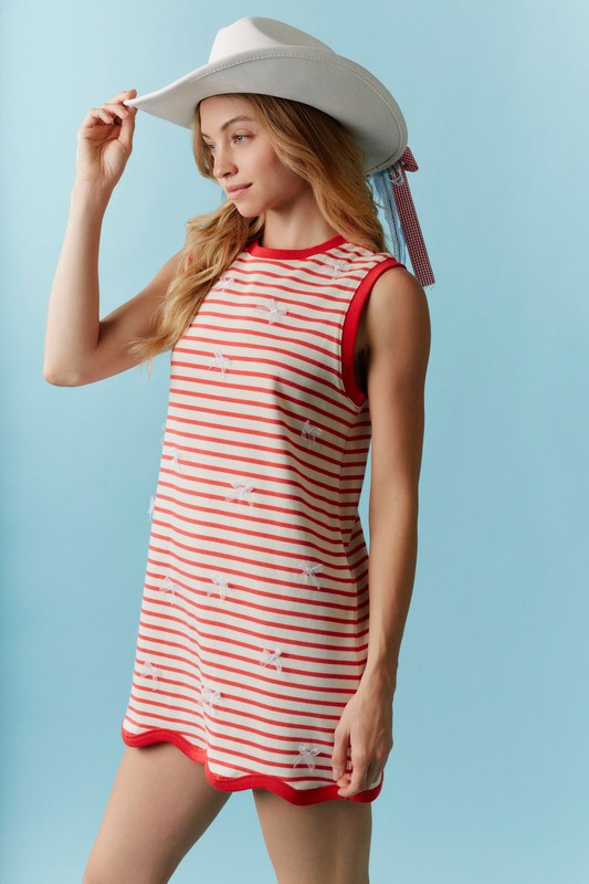 Lace Bow Stripe Mini Dress-Dress-Peach Love California-Red-Small-Inspired Wings Fashion