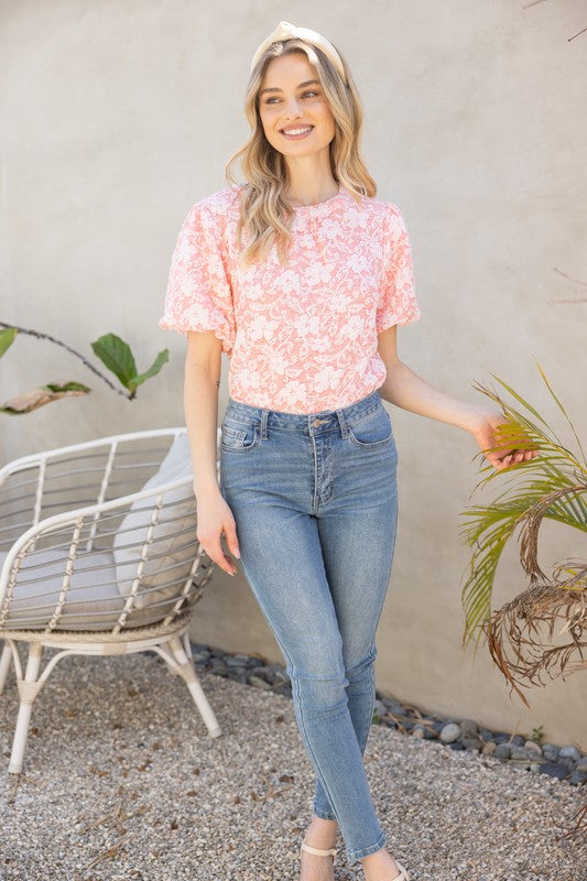 Floral Textured Top-Shirts & Tops-VOY-Peach-Small-Inspired Wings Fashion