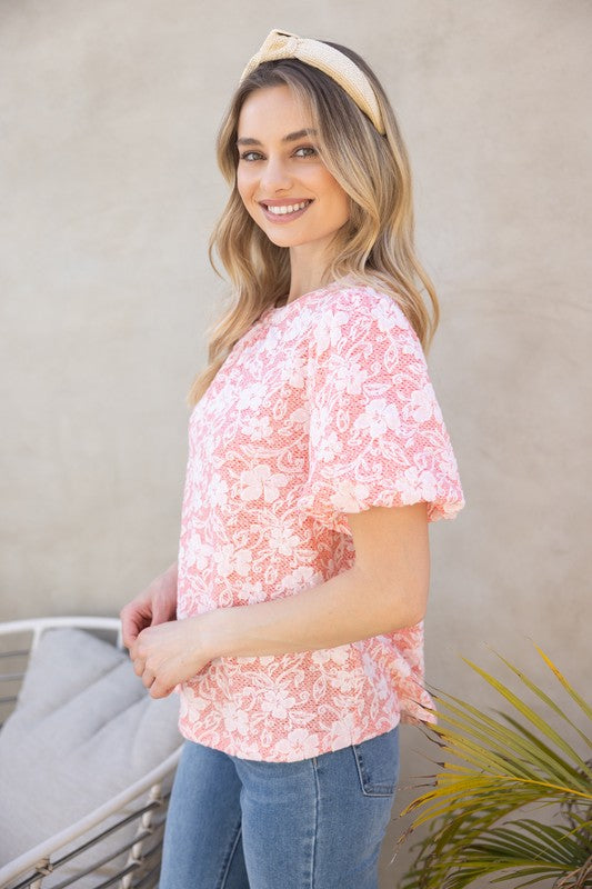 Floral Textured Top-Shirts & Tops-VOY-Peach-Small-Inspired Wings Fashion